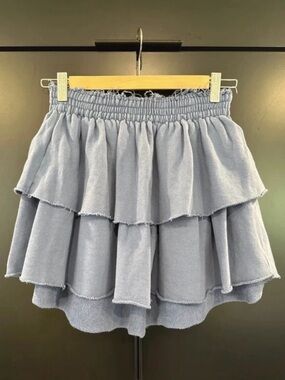 Aerie Women Blue Tiered Ruffle Mini Skirt Fleece Elastic Waist Raw Hem‎ Small
